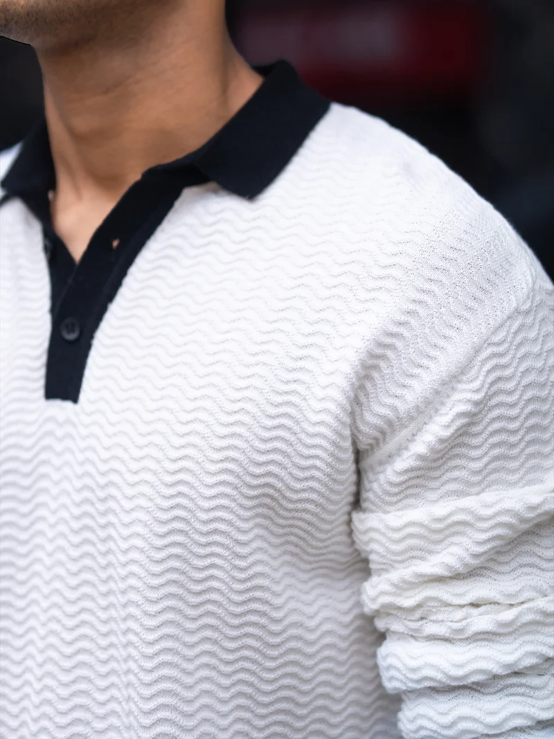 Maniac  Maniac Mens textured wave polo neck full sleeve half zipper white and black cotton t-shirt for Men | Best Price UAE